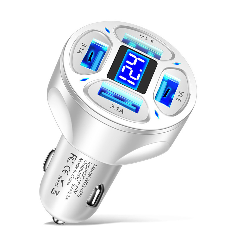 4Usb Digital Display Car Charger New Model 66W Fast Charging Pd Mobile Phone Charging Head One-To-Four Qc3.0 Car Charger Manufacturer
