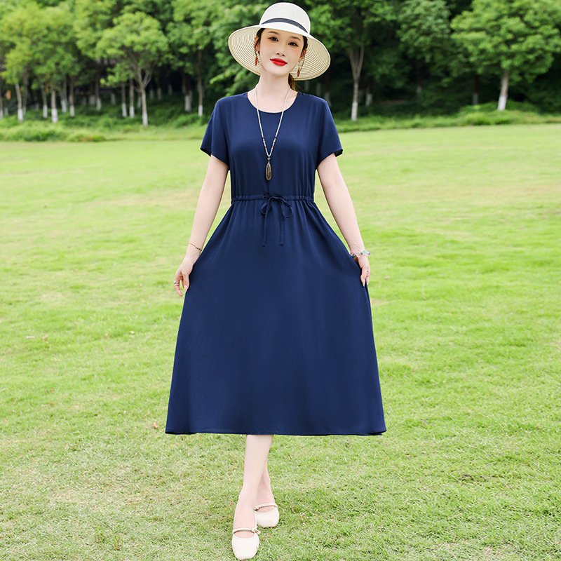 中高年向けの新しい綿シルクドレス、夏の若いスタイル、中年母親の花柄ロングスカート、エレガントなアウターウェア|undefined