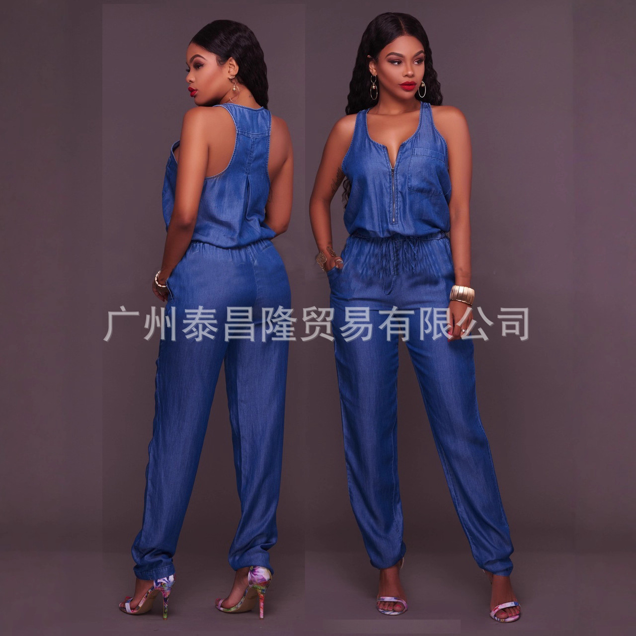2021亚马逊欧美休闲缩腰背心连体裤阔腿牛仔裤连体衣现货