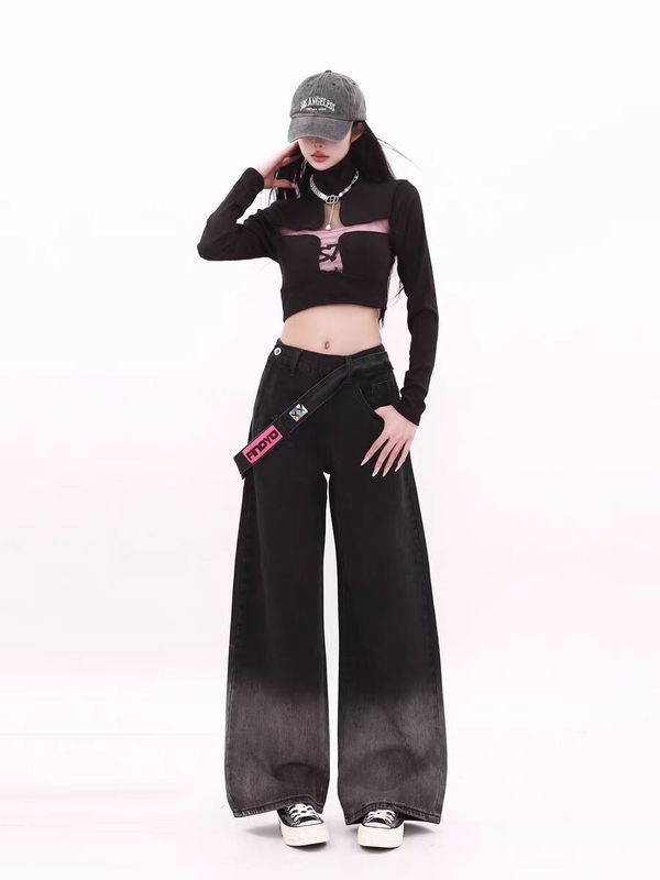 大码侧边拉链渐变牛仔裤女2025年新款美式高腰直筒阔腿宽松裤子潮|undefined