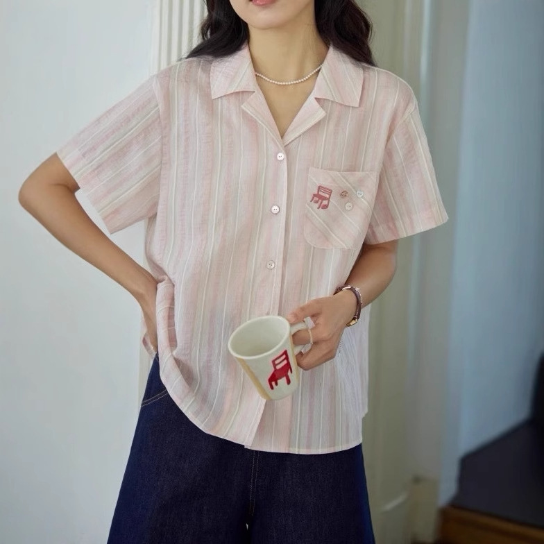 Nov Elist French Cuban Collar Embroidered Short-Sleeved Stripesd Shirt Women's Summer New Thin Top