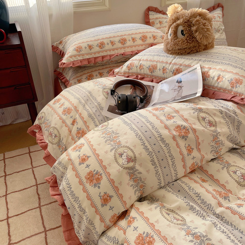 Cottage Style 100% Cotton Four-Piece Bedding Set, Fresh and Natural Cotton Bedspread with Floral Lace, Small Floral Pattern, Three-Piece Set, Instagram Inspired