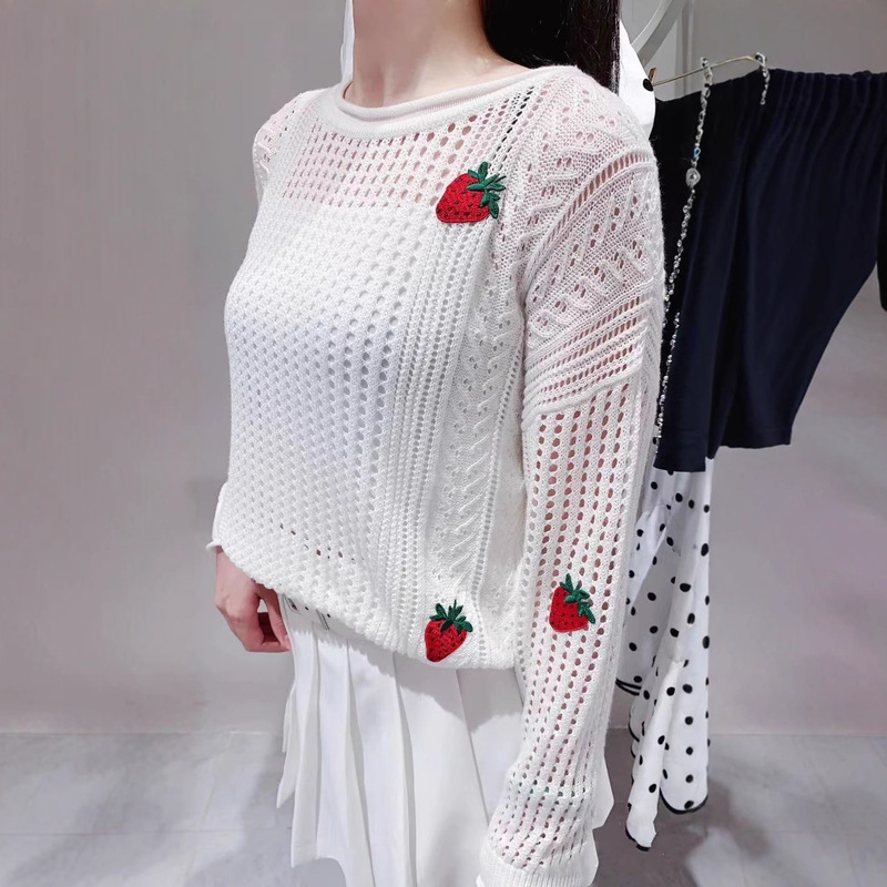 Early Autumn 2023 New Crochet Hollow Embroidered Strawberry Pullover Knitted Blouse Top for Women