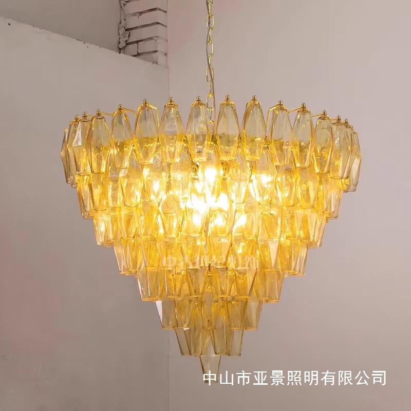 Luxurious Modern Amber-Colored Smoked Diamond-Shaped Glass Chandelier for Weddings and Hotels, Yellow and Pink American Minimalist Style Luxurious Modern Amber-Colored Smoked Diamond-Shaped Glass Chandelier for Weddings and Hotels, Yellow and Pink American Minimalist Style