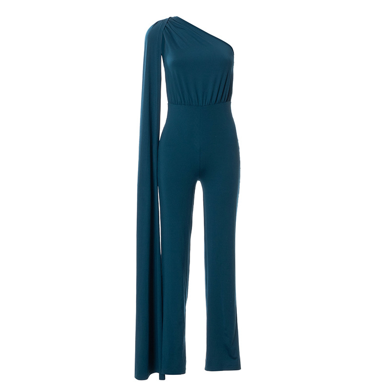 solid color long-sleeved one-shoulder pleated jumpsuit nihaostyles clothing wholesale NSMG81148