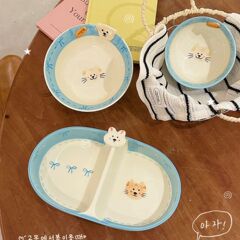 原创可爱立体猫咪手绘釉下彩陶瓷餐具精致小碗沙拉碗甜品盘早餐盘