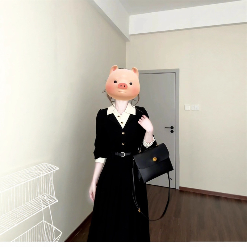 法式高级感黑色polo领衬衫连衣裙子女2025新款秋冬穿搭假两件长裙|undefined