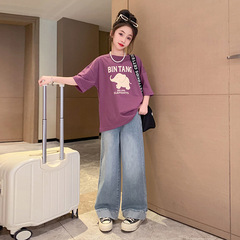 女童夏裝套裝2024新款大童兒童純棉短袖T恤薄款牛仔褲夏款兩件套