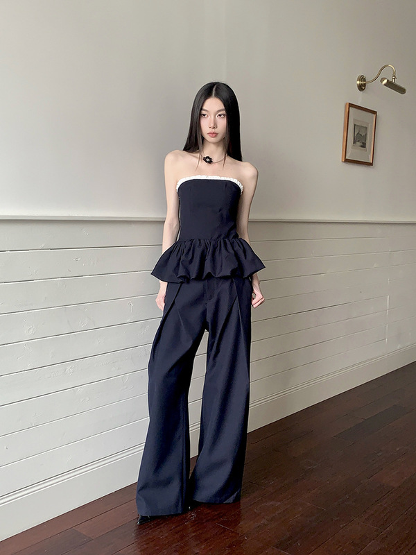 フラワーバドチューブトップワイドレッグカジュアルパンツスーツツーピーススーツ女性のプロフェッショナル気質通勤スーツ|undefined