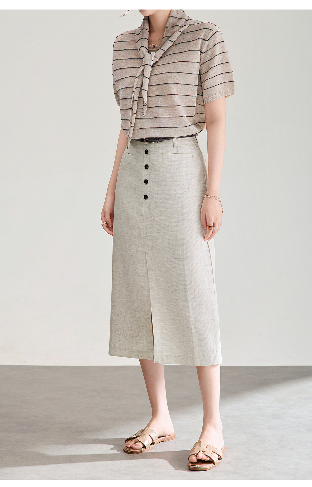 Chân váy xếp ly nữ xòe chất liệu tencel linen thoáng mát — Màu gai dầu thô chi tiết 18