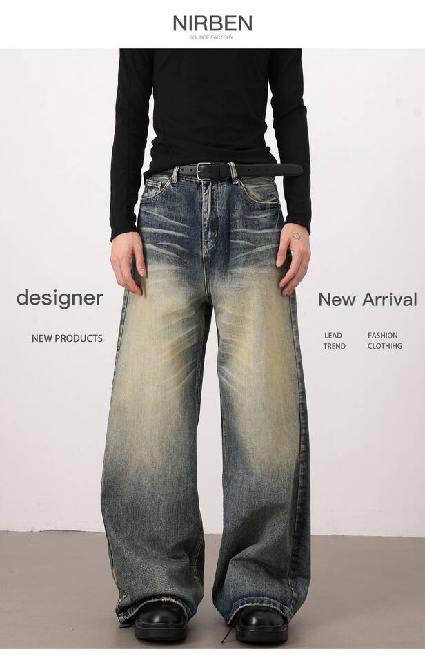 Quần jeans nam dáng rộng ống đứng phong cách retro Mỹ, giặt mài làm cũ — Màu xanh dương chi tiết 3