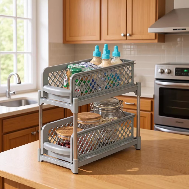 Kitchen Countertop Pull-Out Storage Rack, Household Storage Rack, Condiment Organizer, Bathroom Shelf, Foldable Storage Rack