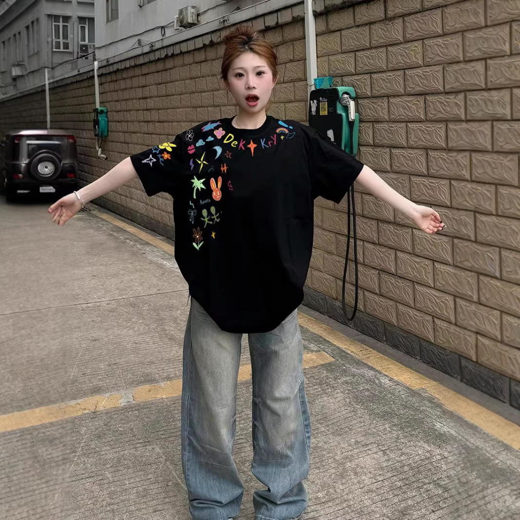 美式街头创意卡通涂鸦印花纯棉短袖T恤男女款小众休闲百搭半袖潮