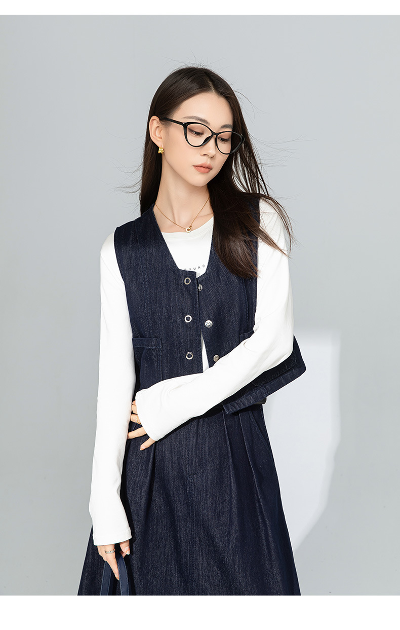 Bộ chân váy denim và áo gilê kiểu Pháp phong cách Hồng Kông, mặc nhiều lớp, thời trang dạo phố — Váy xanh 65338 chi tiết 31