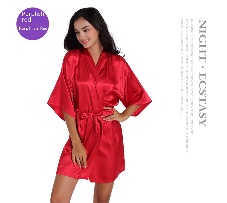 Cross-border Women's Twisted Sade Nightgown Bathrobe Solid Color Glossy Summer Thin Sexy Short Cardigan Gown_voghion.com