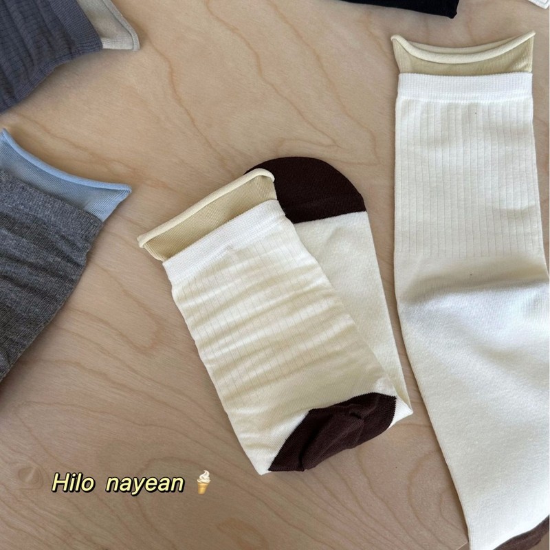 hilo nayean“韩系撞色卷边袜子女超柔棉中筒袜无骨堆堆袜女26525|undefined