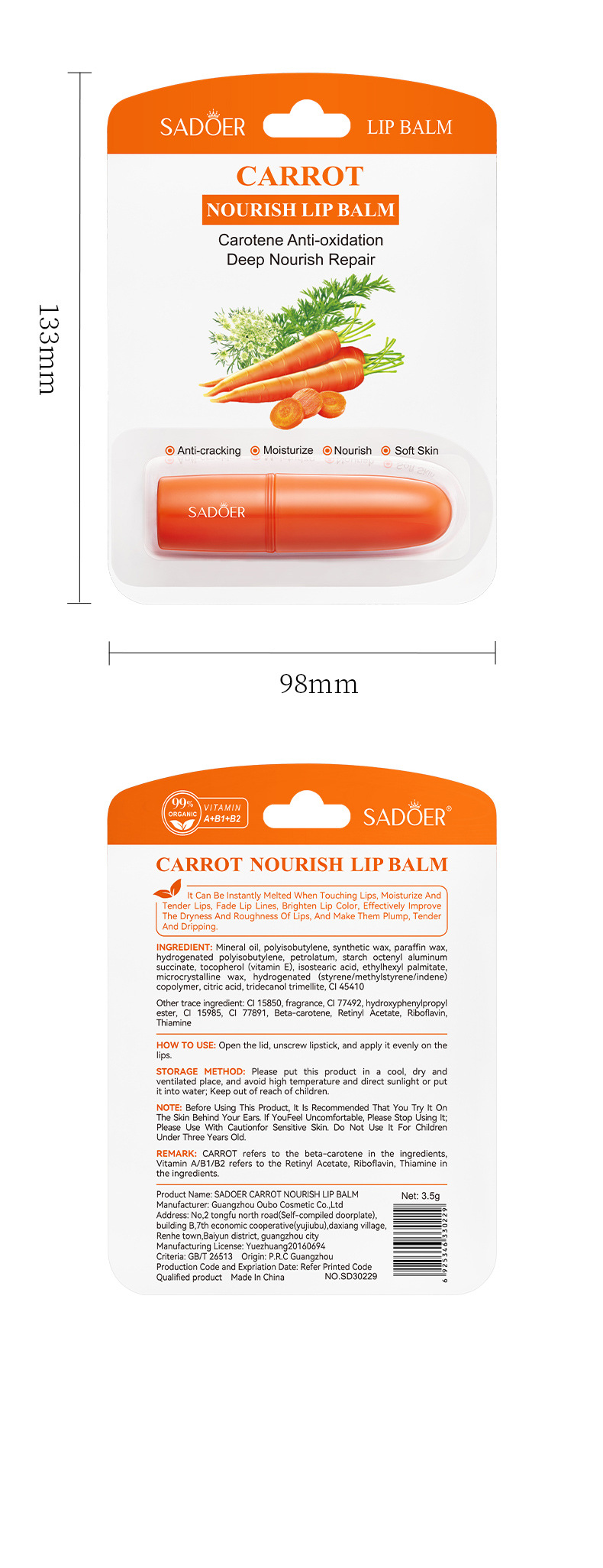 SADOER All Carrot Nourishing Moisturizing Anti cracking Autumn and Winter lipstick_voghion.com