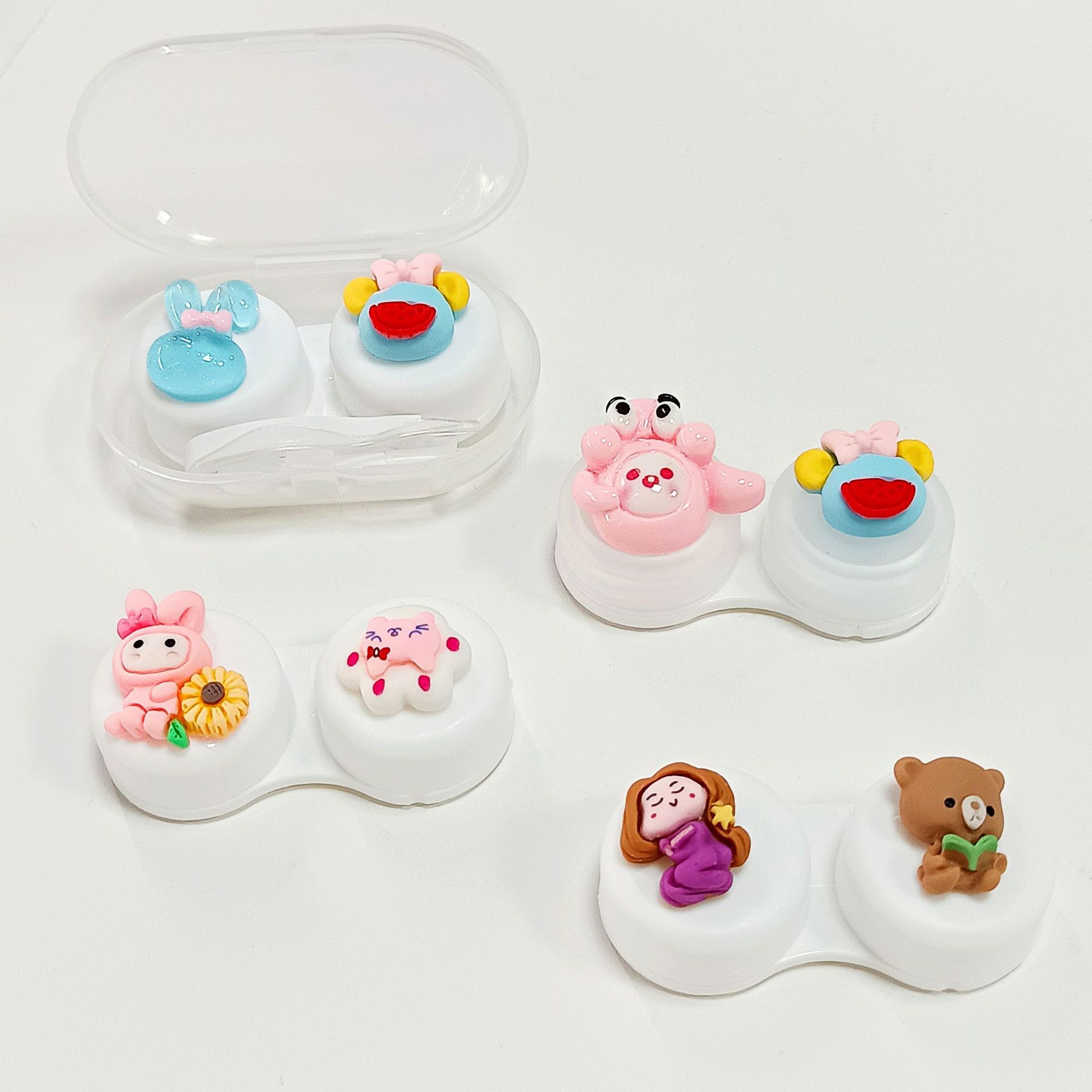 汐亚新款美瞳隐形眼镜盒可爱便携立体卡通贴片护理盒伴侣盒双联盒