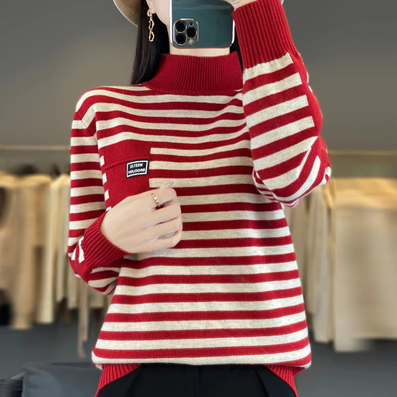 2025女秋冬新款条纹半高领羊毛针织衫时尚洋气大码打底毛衣套头潮|undefined