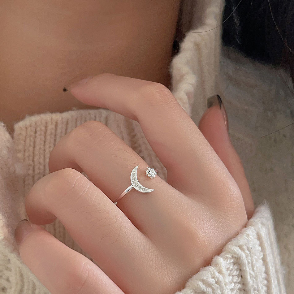 Sterling Silver Simple Style Star Moon Plating Open Rings display picture 3