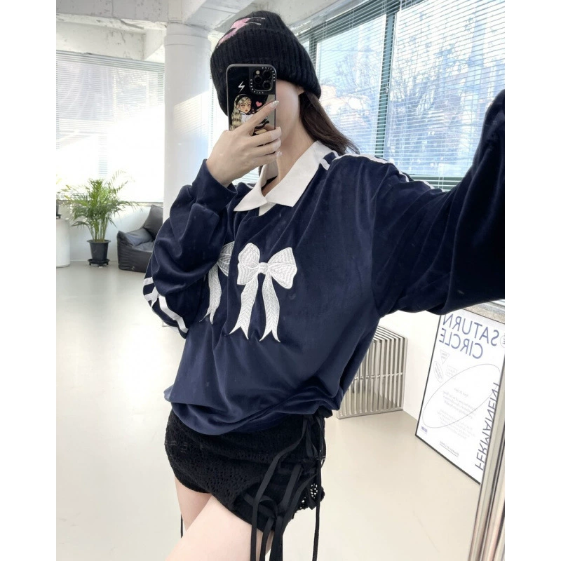 Brand cute velvet belt with bow, thin sweatshirt, with embroidery