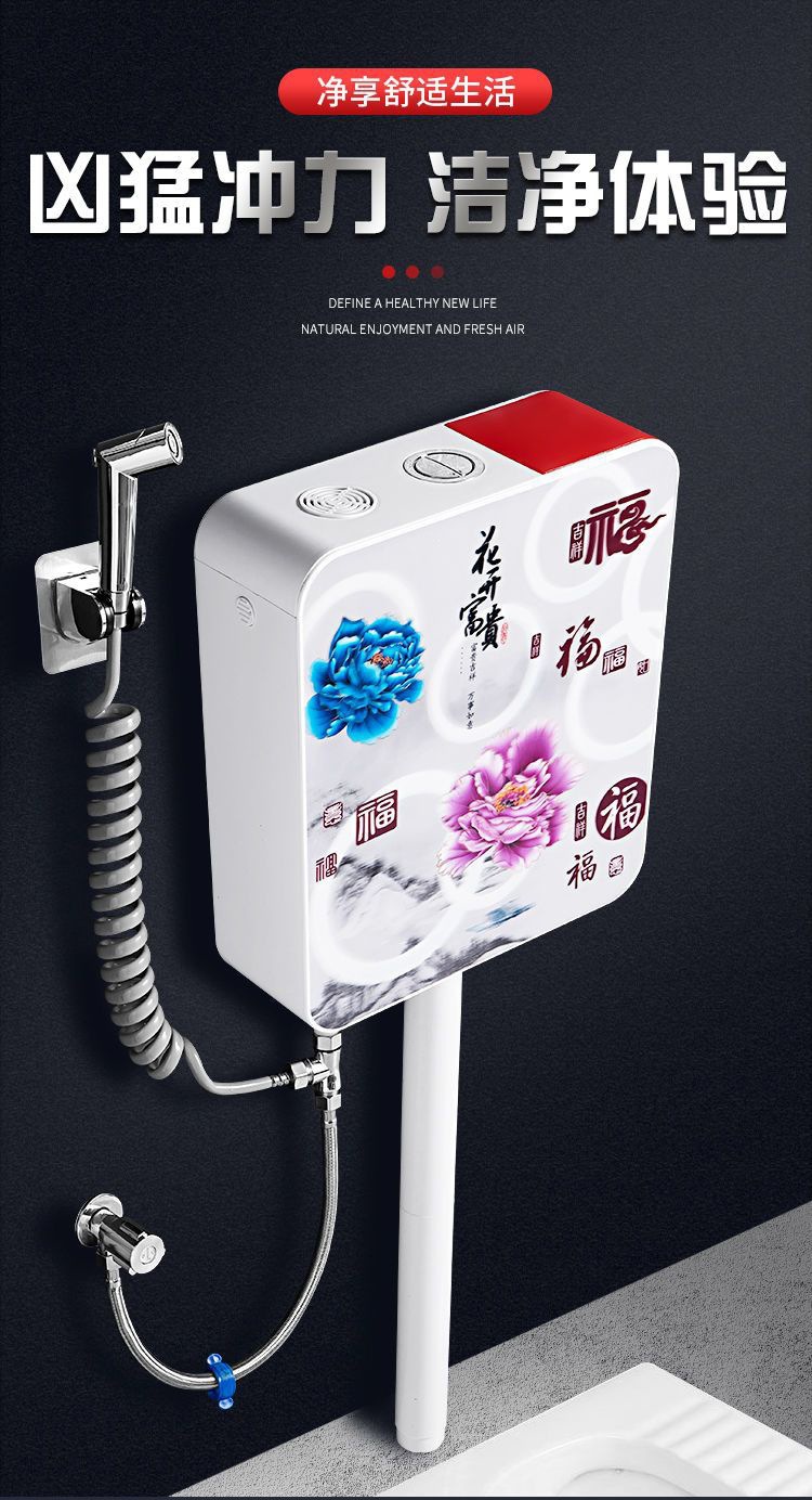 Bathroom household toilet flushing tank set, toilet squat toilet, large flushing force, thickened non-drilling wall-mounted water tank details Picture