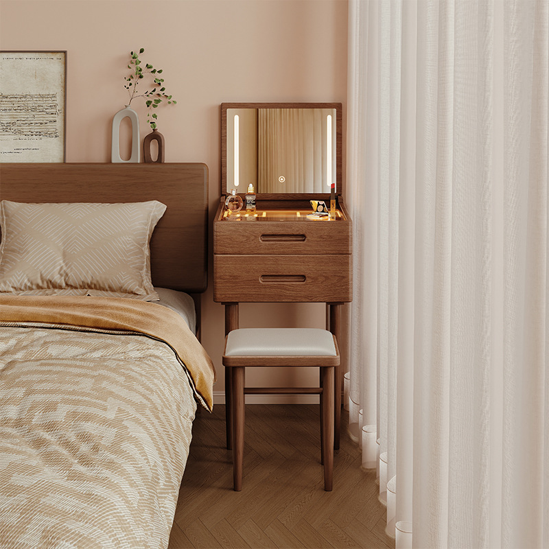 Tocador de madera maciza, dormitorio pequeño, mini mesita de noche extremadamente estrecha, tocador, mesa de maquillaje plegable integrada, espejo, apartamento pequeño