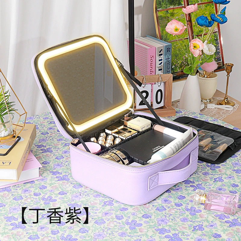 Table storage box with light, mirror, handheld cosmetic bag, purse, organizer bag
