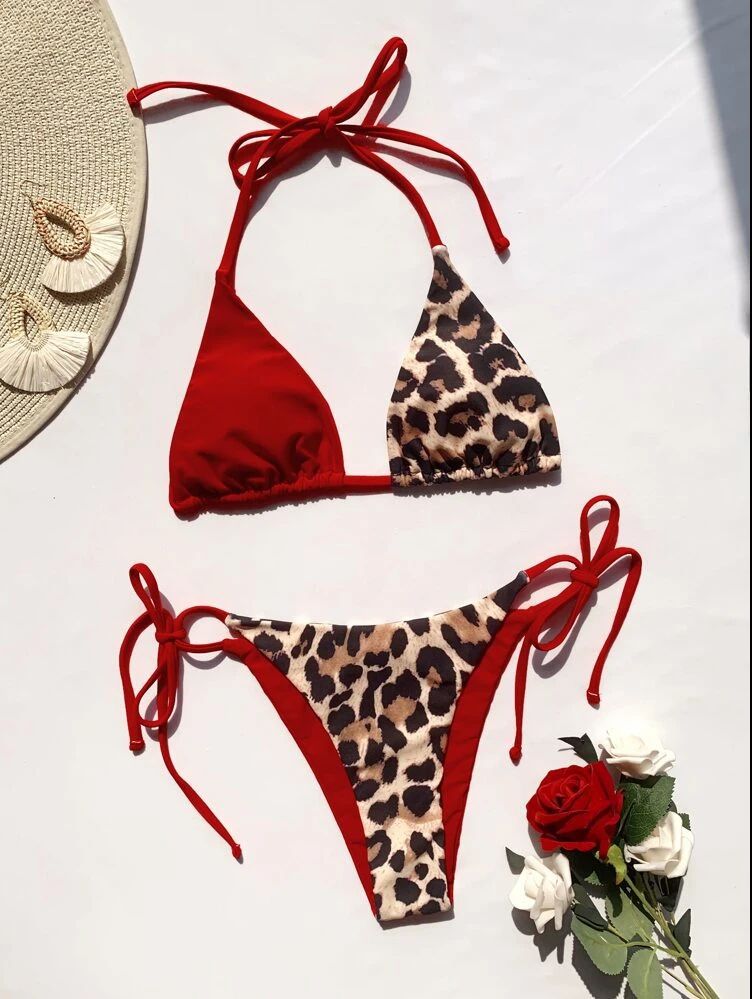Solid Color, Leopard Pattern Triangle Cup Bra Cup Women's Solid Color Leopard 2 Pieces Set Bikinis Swimwear