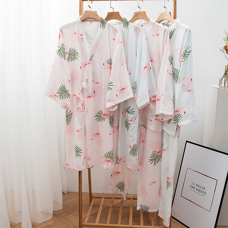 Spring and Summer INS Flamingo cotton double-layer yarn kimono long-sleeved trousers suit kimono dress home wear breastfeeding