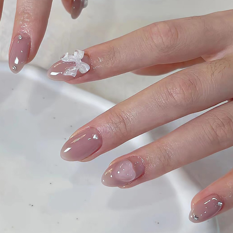 Naked Pink Solid Color Wearing Armor White Bow Love Nail Wearing Armor Removable Fake Nail Wholesale Naked Pink Solid Color Wearing Armor White Bow Love Nail Wearing Armor Removable Fake Nail Wholesale