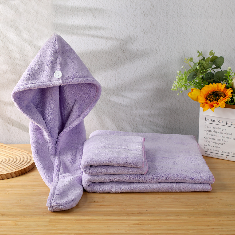 Venta al por mayor de terciopelo de coral de tres piezas, suave y agradable para la piel, cómodo y transpirable, gorro de pelo seco, juego de toallas de baño