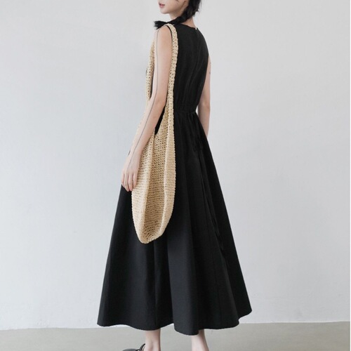 Minimalist vest dress, women's summer new style, French round neck, mid-length dress, waist, Korean slim A-line sleeveless dress