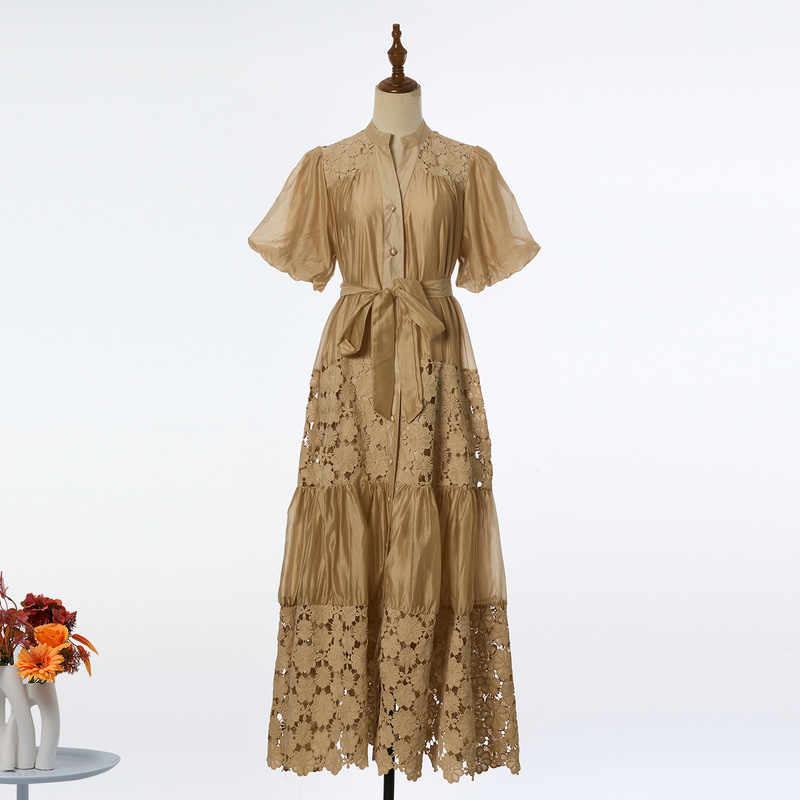 Cross-Border Lace Patchwork V-Neck Puff Sleeve Dress for Women with Tie Waist A-Line Long Dress Cross-Border Fashion Dress