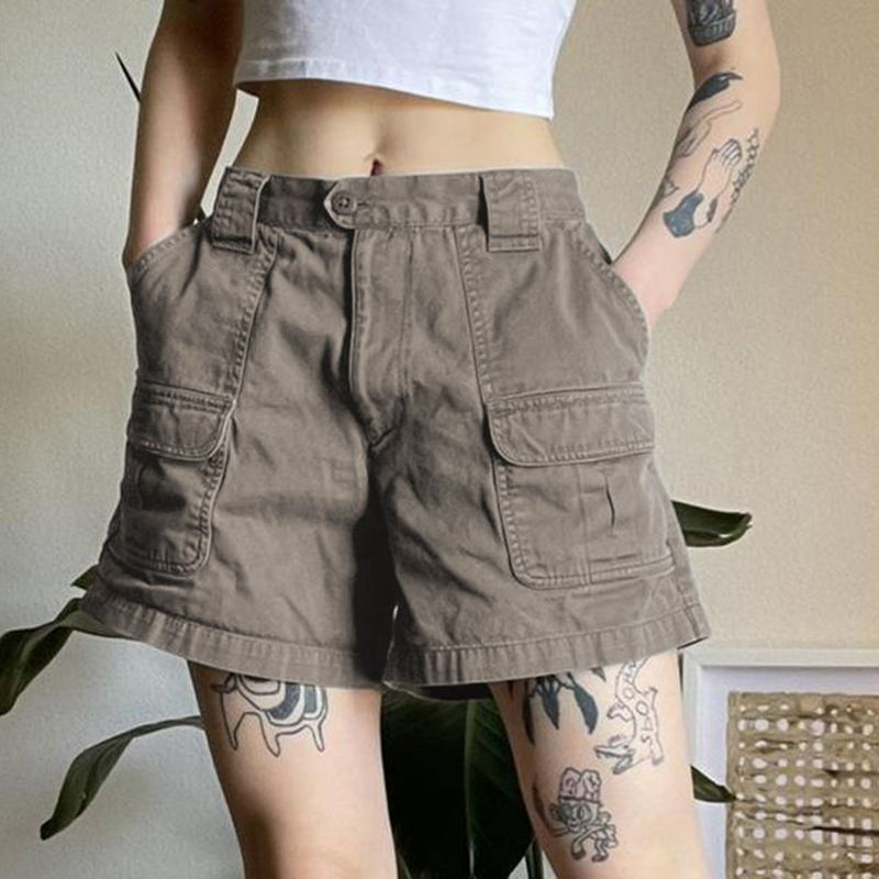 American Style Vintage Washed Pocket Straight Tooling Shorts Women's 2024 Mid-Waist Casual Jeans Loosening Pants Women's Trendy