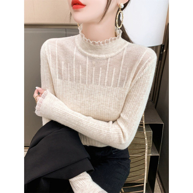 Женская базовая рубашка с полувысоким воротником и кружевной отделкой, новый осенний свитер 2025 года из ажурной вязки, стильный топ с внутренним слоем.