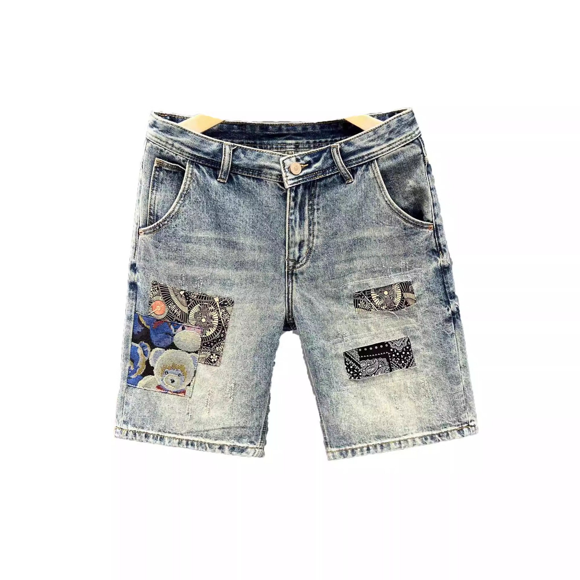 Men's Heavyweight Denim Shorts High Street Style Patchwork Embroidery Summer Cool Stylish Ripped Five-Point Pants Blue_voghion.com