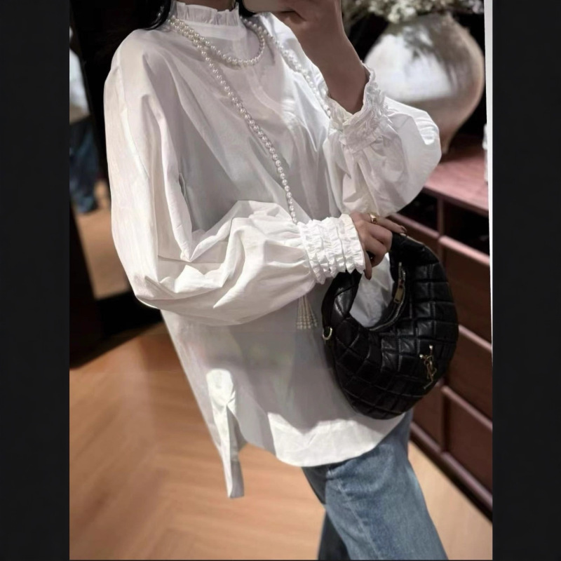 2025秋款百搭棉白衬衫设计感花瓣立领和花边袖减龄小衫长袖不退换|undefined