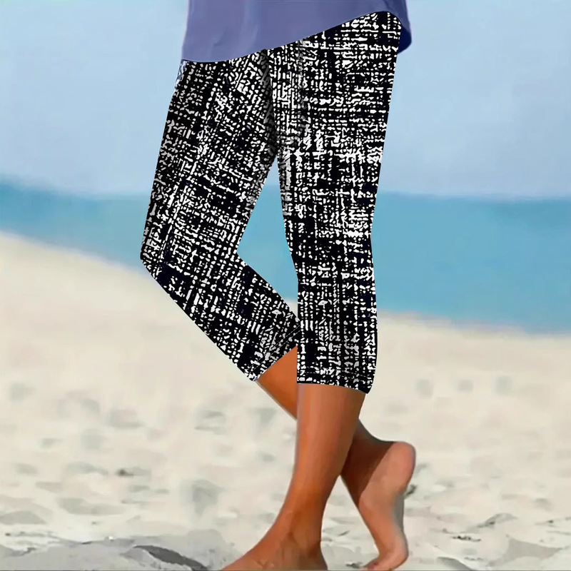 2025 Women's Elegant Capri Tights - Elastic and Plaid, Floral Print 7-Point Leggings