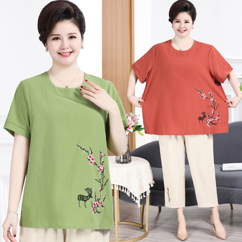Mom's Summer Cotton and Linen Suit for Chubby Grandma, Middle-Aged and Elderly Plus-Size 100kg Short-Sleeve T-Shirt Two-Piece Set