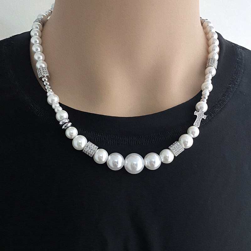 Neue Perle Intarsien Diamant Schlüsselbein Halskette Für Männer Trendy Ins Hip-Hop Kreuz Licht Luxus Frauen Sommer Nische Choker_voghion.com
