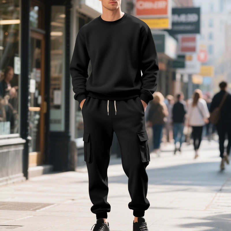 Europe, America, Autumn And Winter Heavy Velvet Men's Loose Casual Sports Tooling Round Neck Solid Color Sweater Trousers Set_viptrois.com