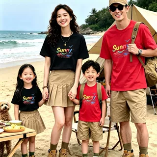 多巴胺新款亲子装一家三口四口棉短袖T夏季出游家庭装童装连体衣