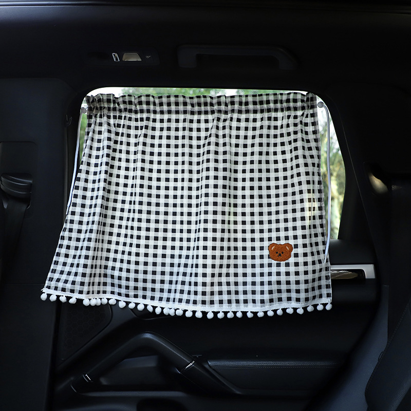 Car sunshade side curtain cartoon cotton plaid bear car curtain summer sun protection and heat insulation car sunshade