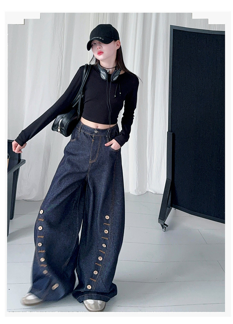 Men's Clothing Buttoned Scimitar Jeans Vintage Button-Fly Curved Hem Jeans For Kids - Soft Denim Stretch Comfort Fit (120-170cm, Unisex)_mkmklike.com