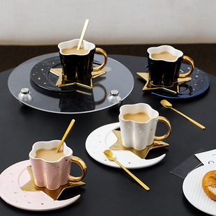 Nordic ceramic coffee cup and saucer creative high sense gold handle mug fashion star moon shape coffee cup and saucer