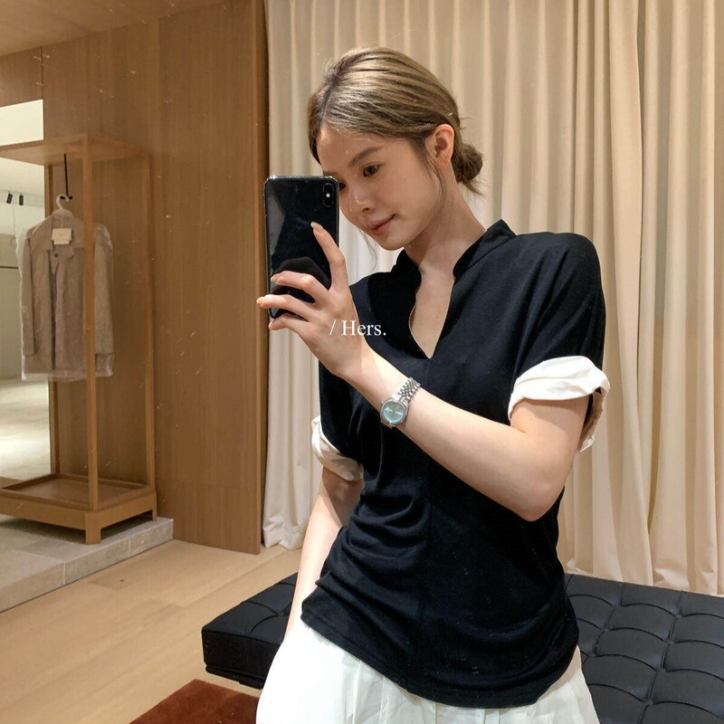 Hers Sweet Summer Women's Korean Style Simple Color-Block Versatile Patchwork Sleeve Stand Collar Short Sleeve T-Shirt Trend 80379