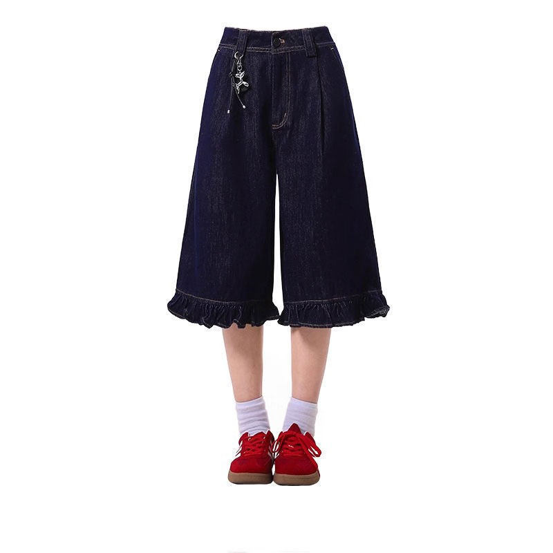 Trendy Design Ruffled Wide-Leg Jeans, New Summer Style, High-Waisted, Loose Fit, Plus Size, Slimming, Cropped Jeans