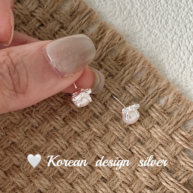 韓版ins風設計銀飾品 S925純銀蝴蝶結包珍珠耳釘簡約高級感百搭女