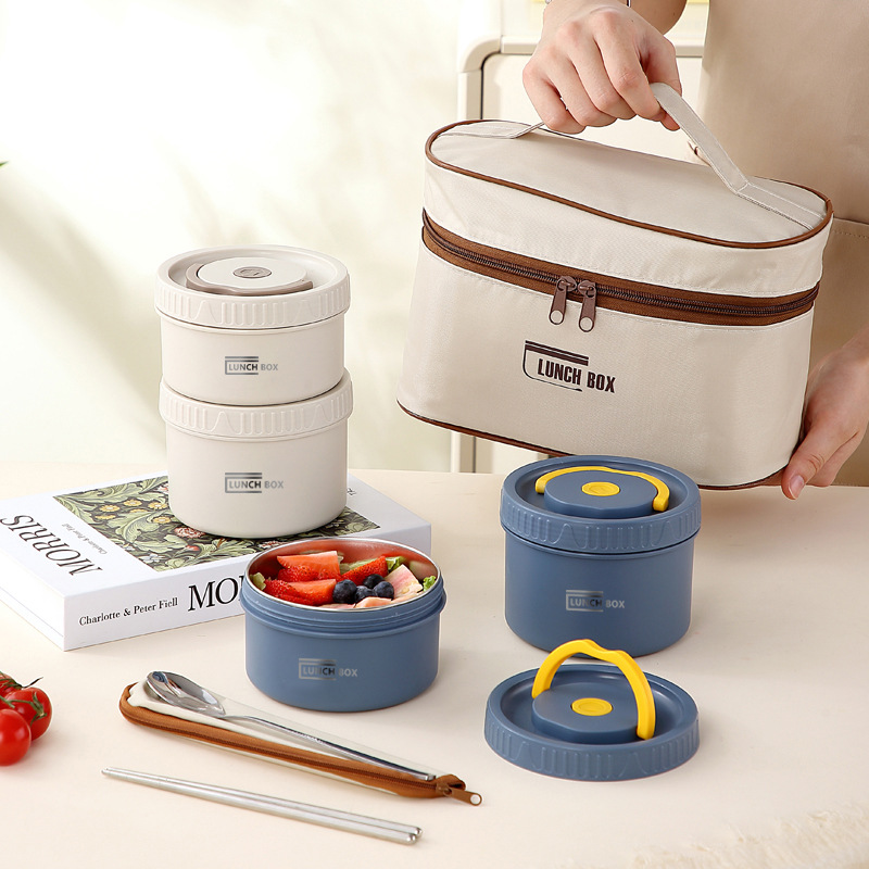 304 Stainless Steel Lunch Box Insulated Box Large Capacity Student Office Worker Children's Round Lunch Box Bag Portable Food Container
